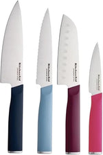 KitchenAid 4-Piece Chef Knife Set with Blade Covers, 6-Inch Chef Knife, 5-Inch Santoku, 5.5-Inch Serrated Utility, 3.5-Inch Paring Japanese Steel, Assorted Colors