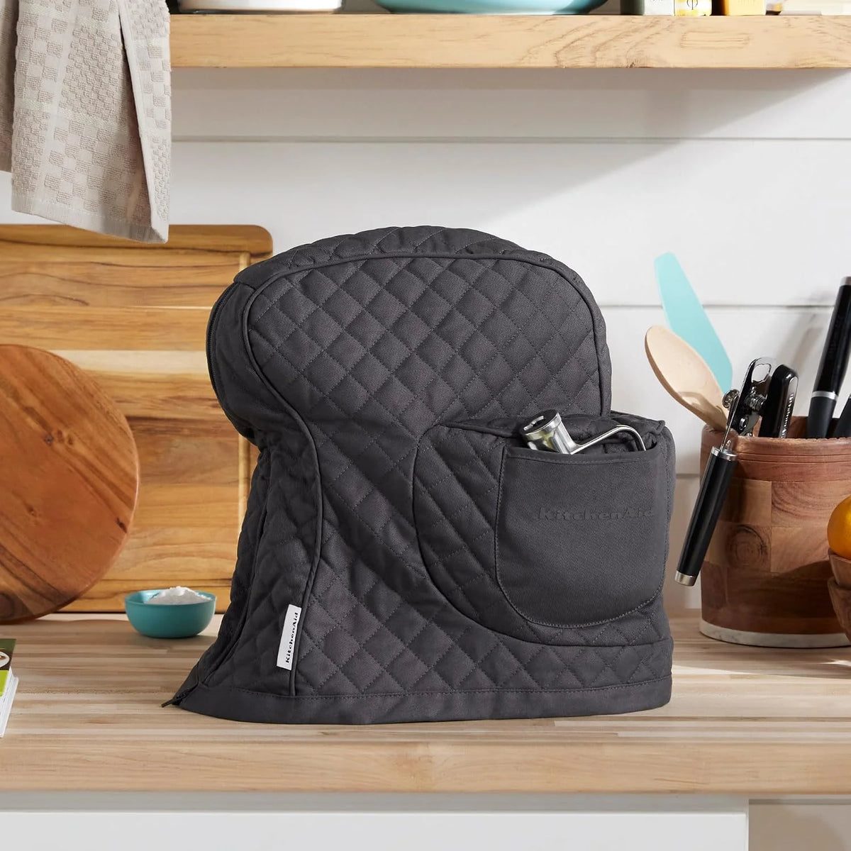 KITCHENAID Fitted Tilt-Head Stand Mixer Cover with Storage Pocket, Quilted 100% Cotton,14.4"x18"x10", Charcoal Grey