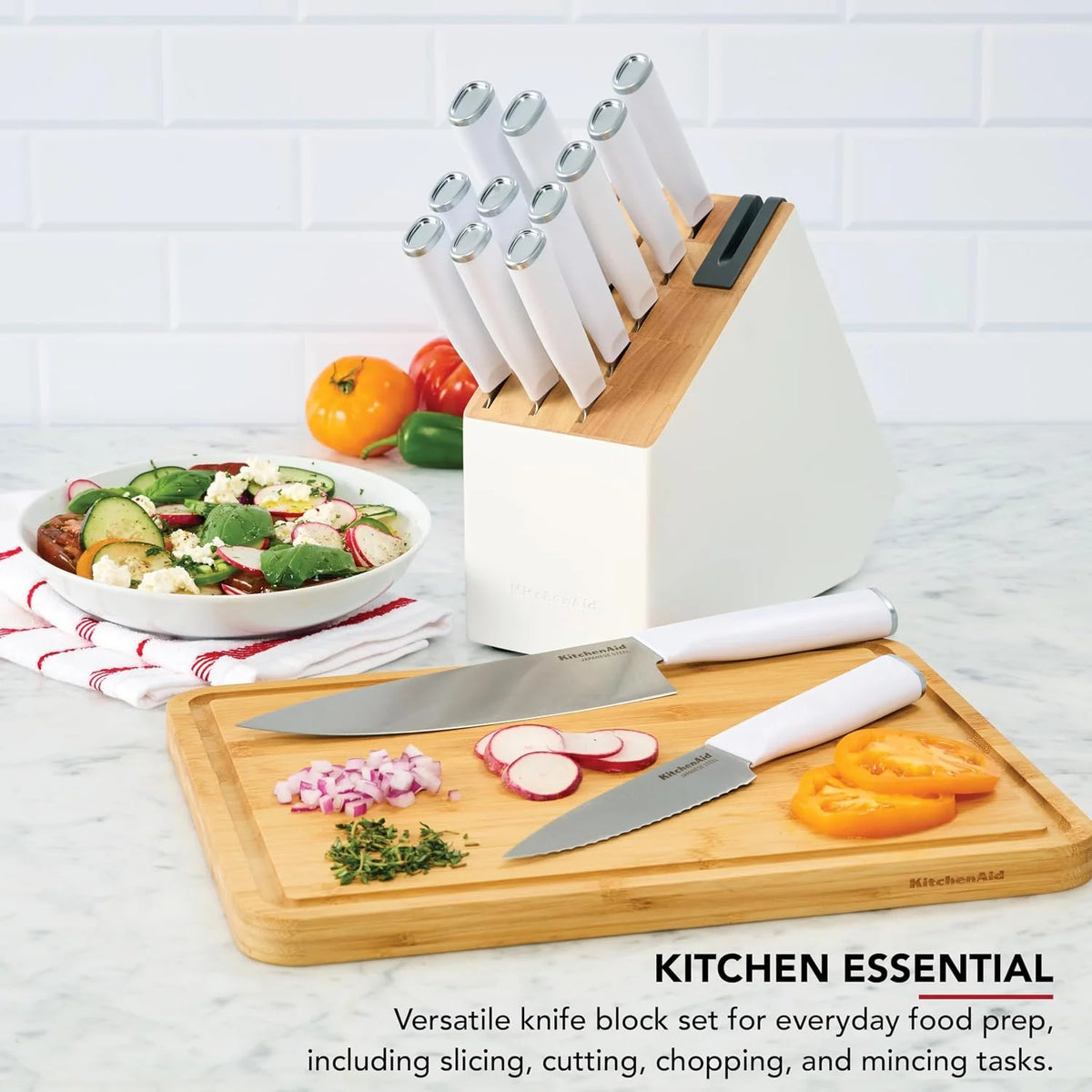 KitchenAid Classic Slim Knife Block Set with Built-In Knife Sharpener, Stainless Steel Kitchen Knives, Sharp Kitchen Knife Set with Block, 14-Piece, White