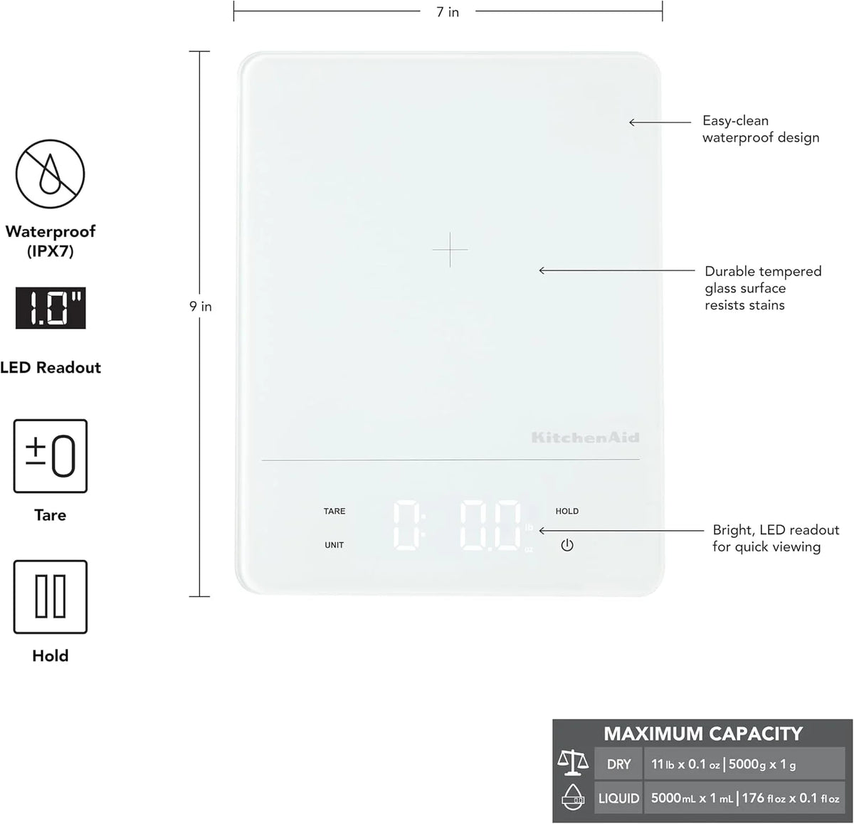 KitchenAid KQ913 Digital Waterproof (IPx7) Kitchen and Food Scale, LED readout, 11 Pound Max Capacity, White