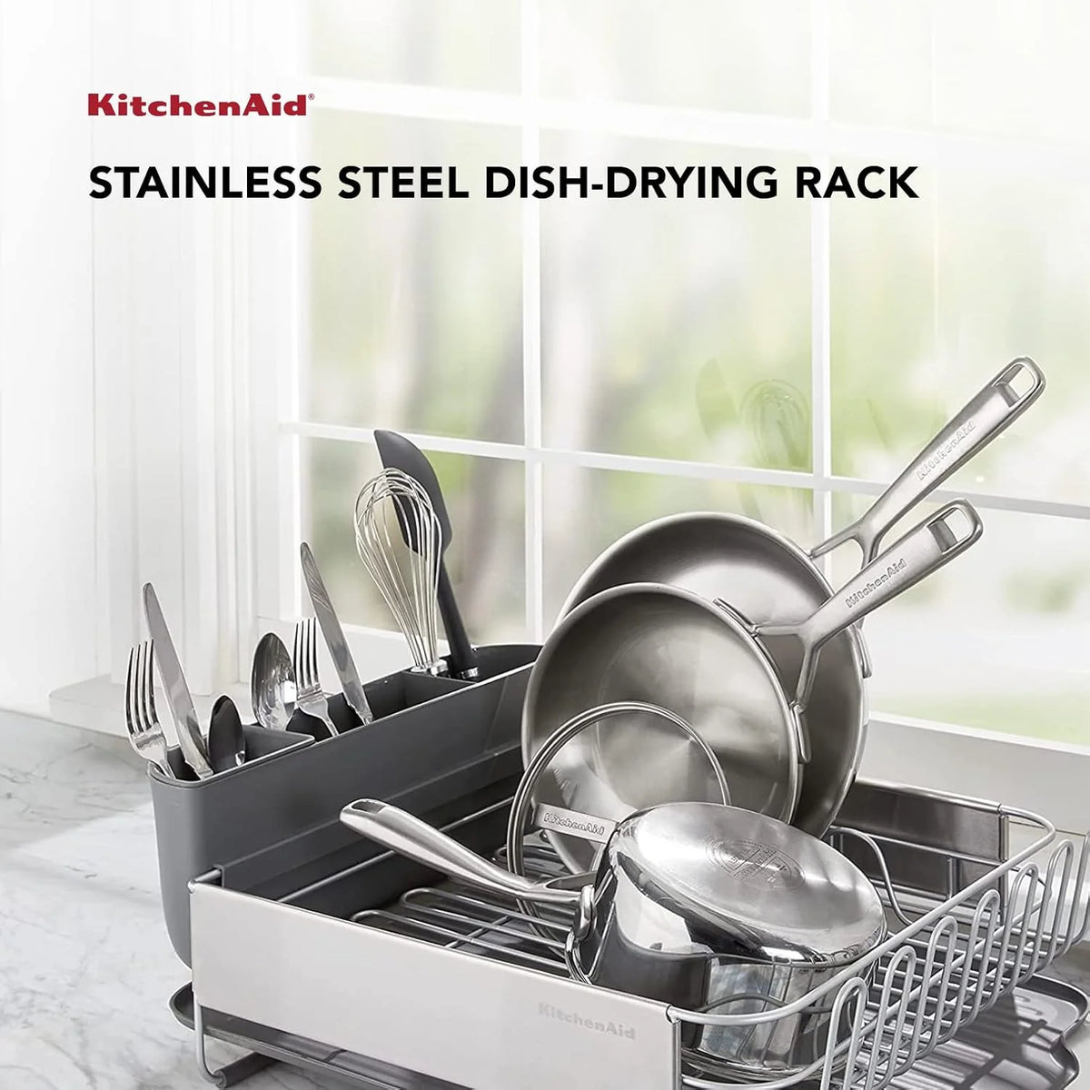 KitchenAid Large Capacity, Fully Size Self Draining Rust Resistatant Satin Coated Dish Rack with Removable Flatware Caddy 20.47-Inch, Gray